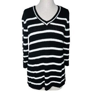 Wild Honey Striped Sweater sz M * Black & White Stripe V-Neck 3/4 Sleeve Buttons